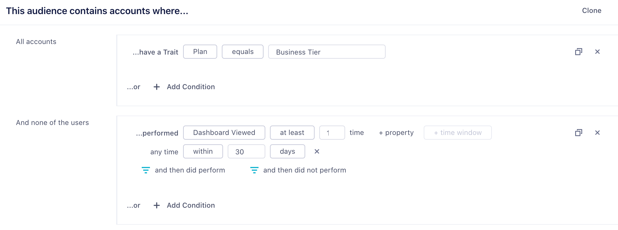 Building an Audience of accounts where no user viewed their dashboard in the last 30 days