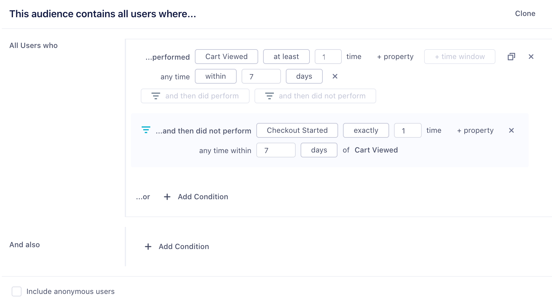 An Audience funnel of users who, in the last week, began checkout without completing it